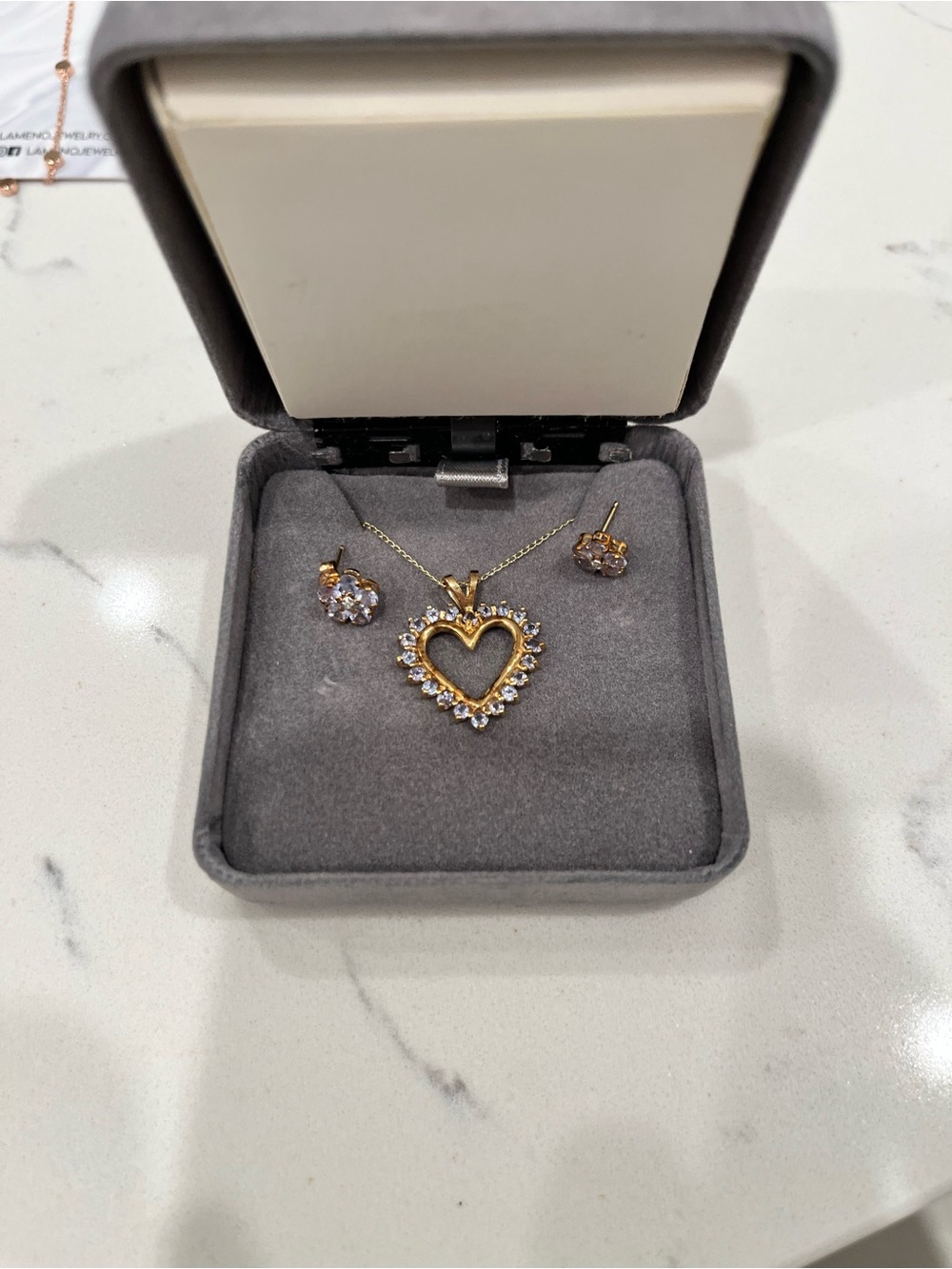 Genuine Tanzanite Gold Heart Pendant Necklace and Flower Stud Earrings Set